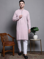 Thumbnail for Jompers Men's Sequin Embroidered Pure Cotton Kurta with Pyjamas - Pink - Distacart