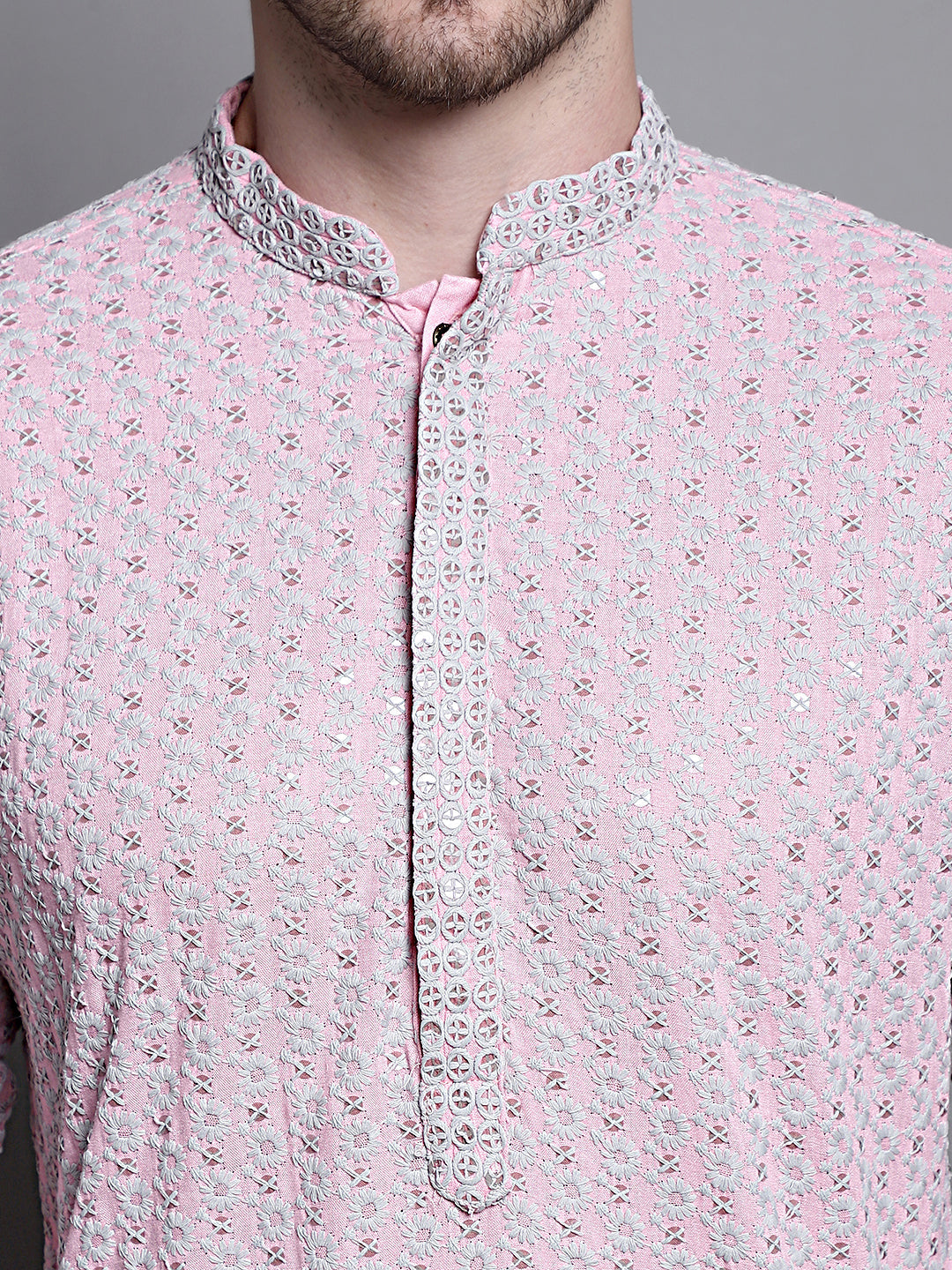 Jompers Men's Sequin Embroidered Pure Cotton Kurta with Pyjamas - Pink - Distacart