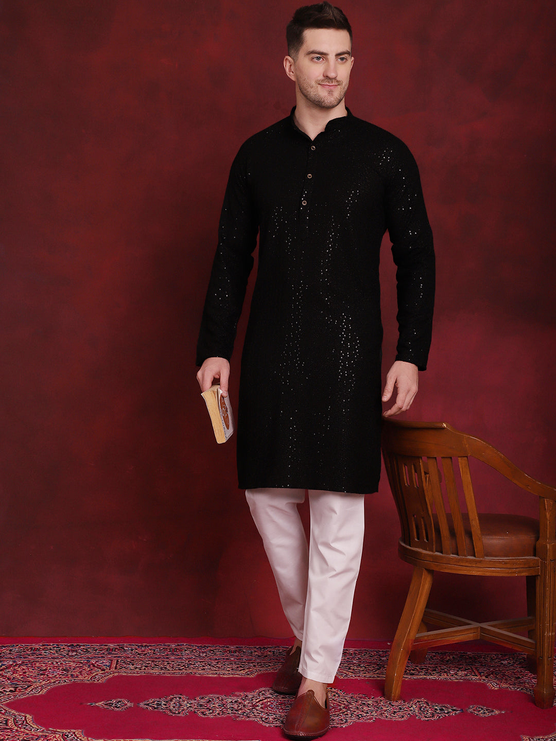 Jompers Men's Sequins Chikankari Kurta with Pyjama - Black - Distacart