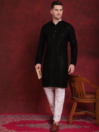 Thumbnail for Jompers Men's Sequins Chikankari Kurta with Pyjama - Black - Distacart