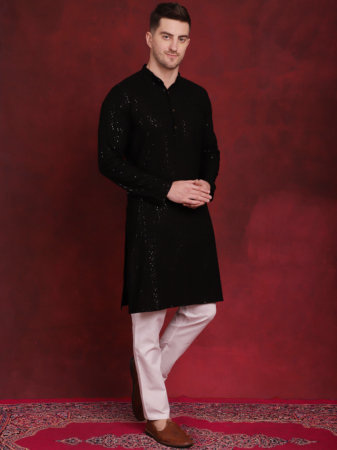 Jompers Men's Sequins Chikankari Kurta with Pyjama - Black - Distacart