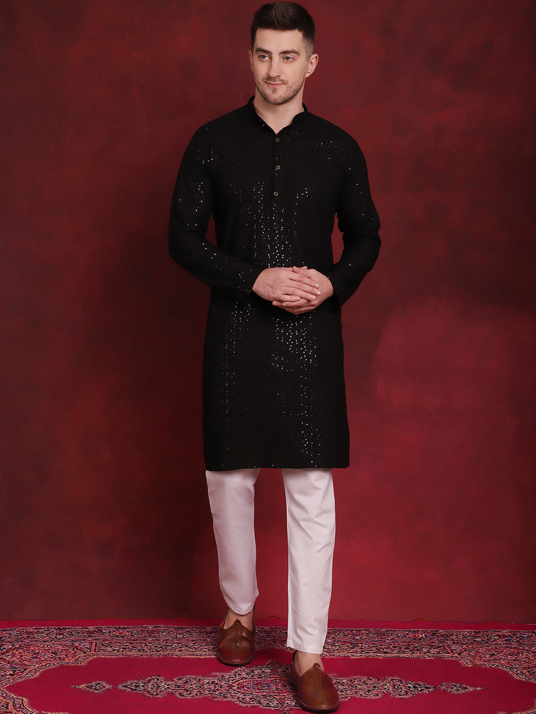 Jompers Men's Sequins Chikankari Kurta with Pyjama - Black - Distacart