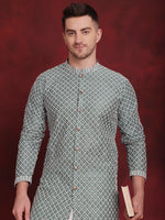 Thumbnail for Jompers Men's Sequin Chikankari Front Open Kurta With Pyjamas - Green - Distacart