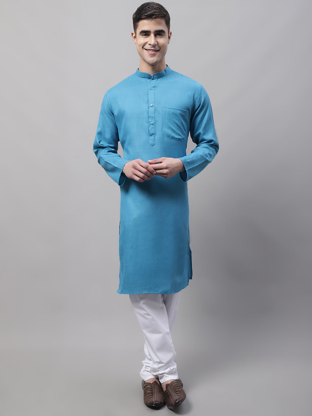 Jompers Men's Cotton Solid Kurta Payjama Sets - Teal - Distacart