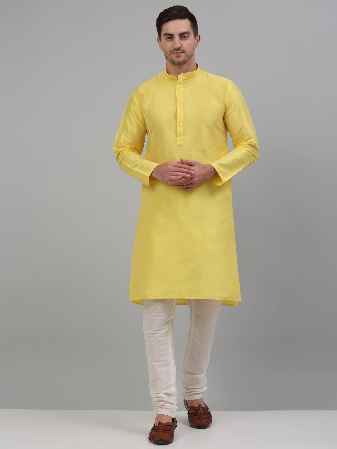 Jompers Men's Lemon Yellow Dupion Silk Kurta with Churidar - Distacart