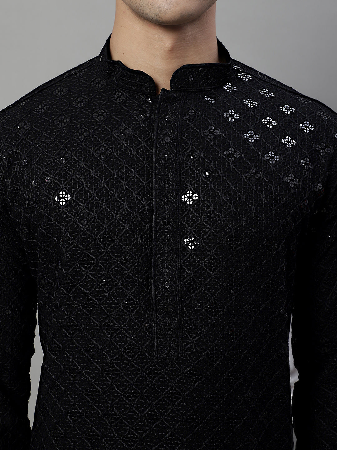 Jompers Men's Black Chikankari Embroidered and Sequence Kurta - Distacart