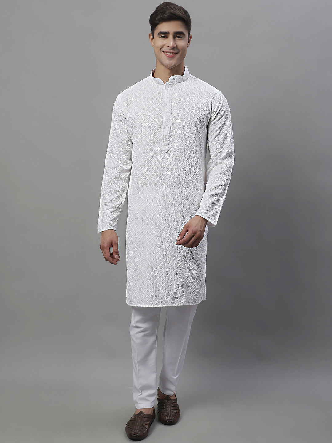 Jompers Men's White Chikankari Embroidered and Sequence Kurta - Distacart