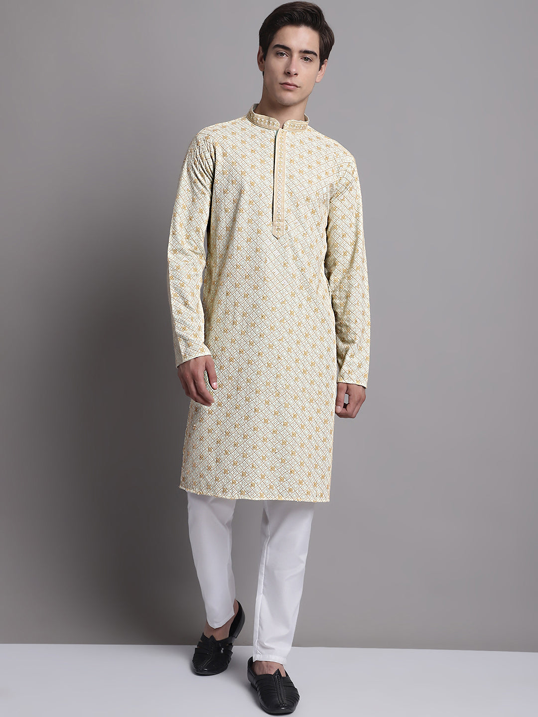 Jompers Men's Light Green Chikankari Embroidered and Sequence Kurta with Pyjama - Distacart