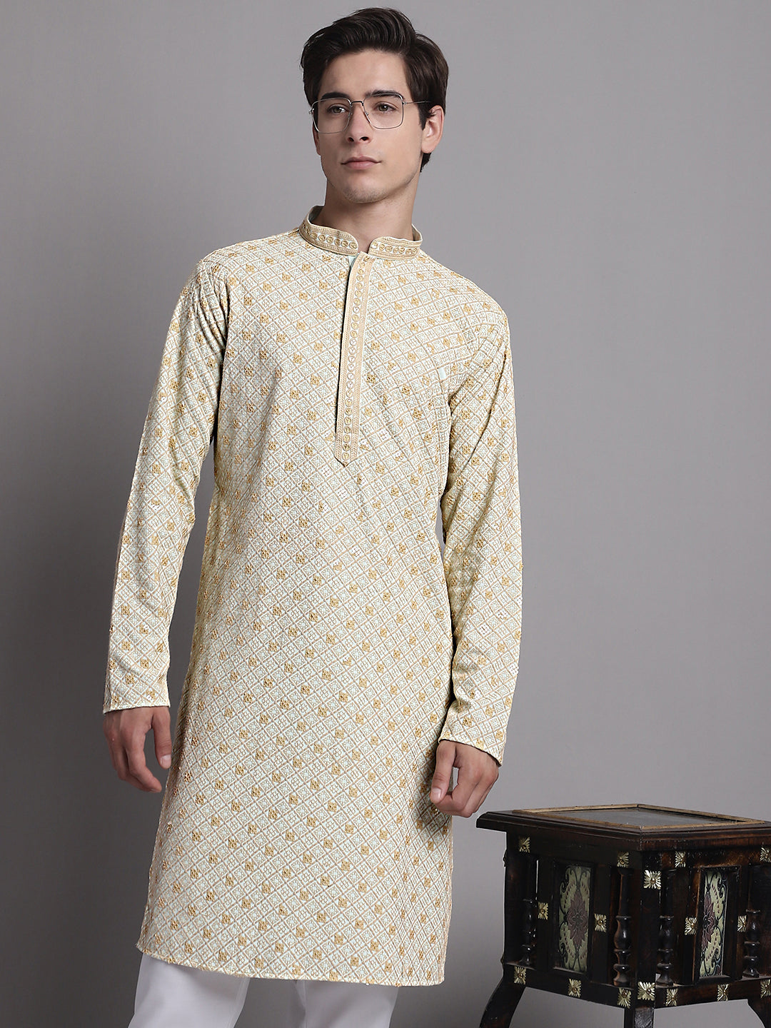 Jompers Men's Light Green Chikankari Embroidered and Sequence Kurta with Pyjama - Distacart