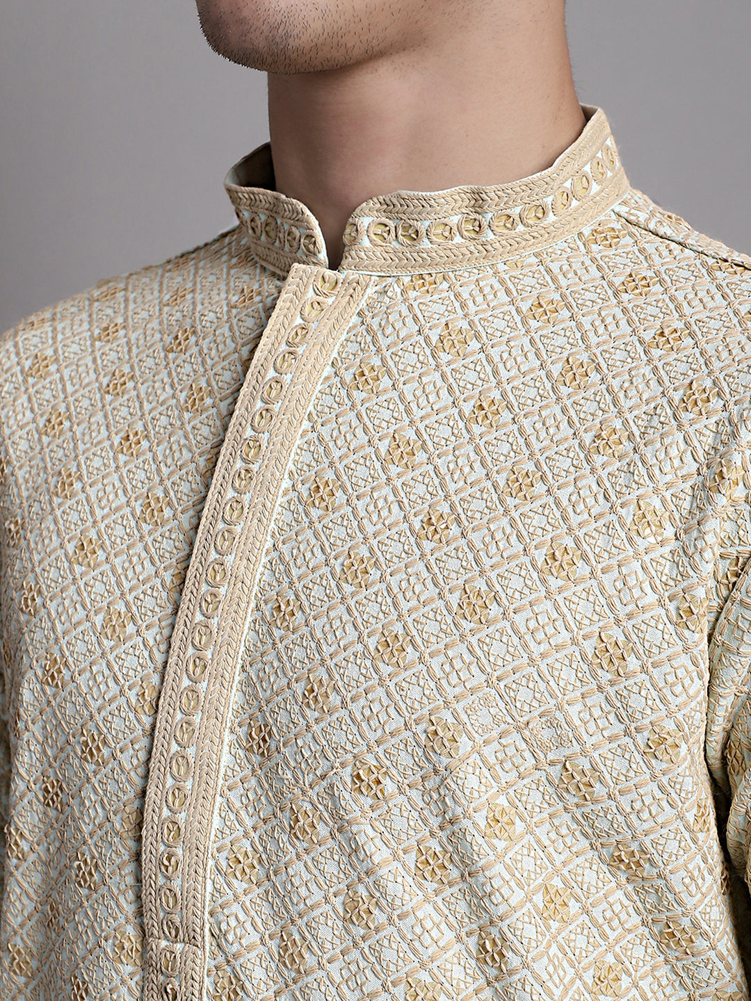Jompers Men's Light Green Chikankari Embroidered and Sequence Kurta with Pyjama - Distacart