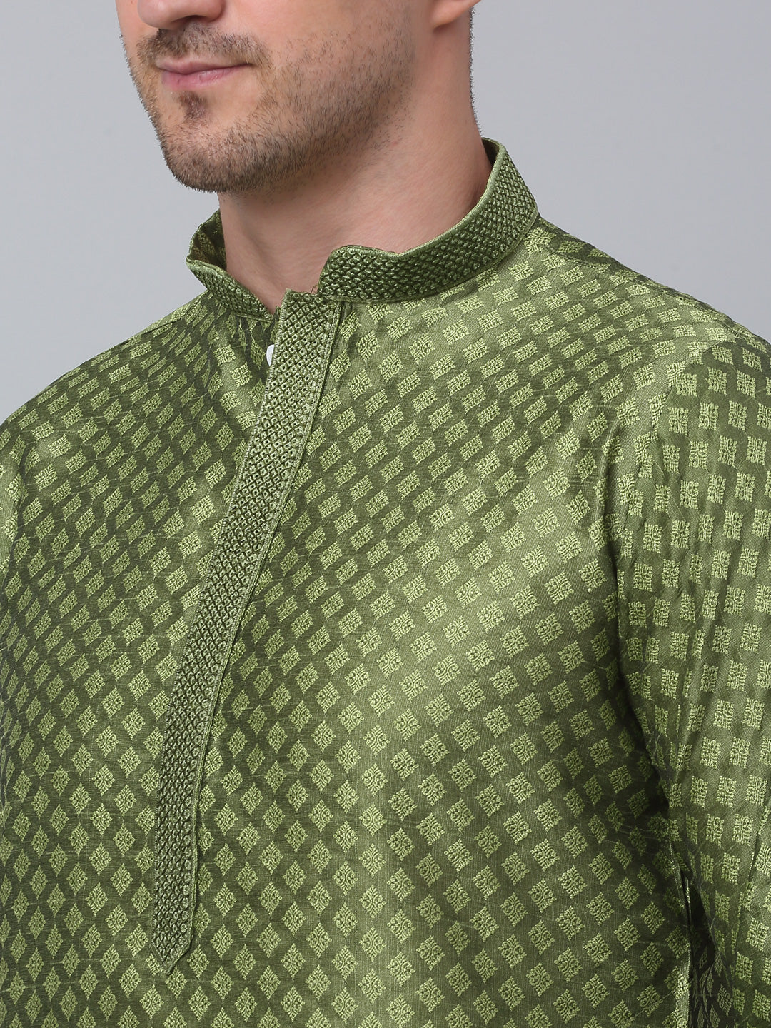 Jompers Men's Olive Green Collar Embroidered Kurta with Pyjama - Distacart