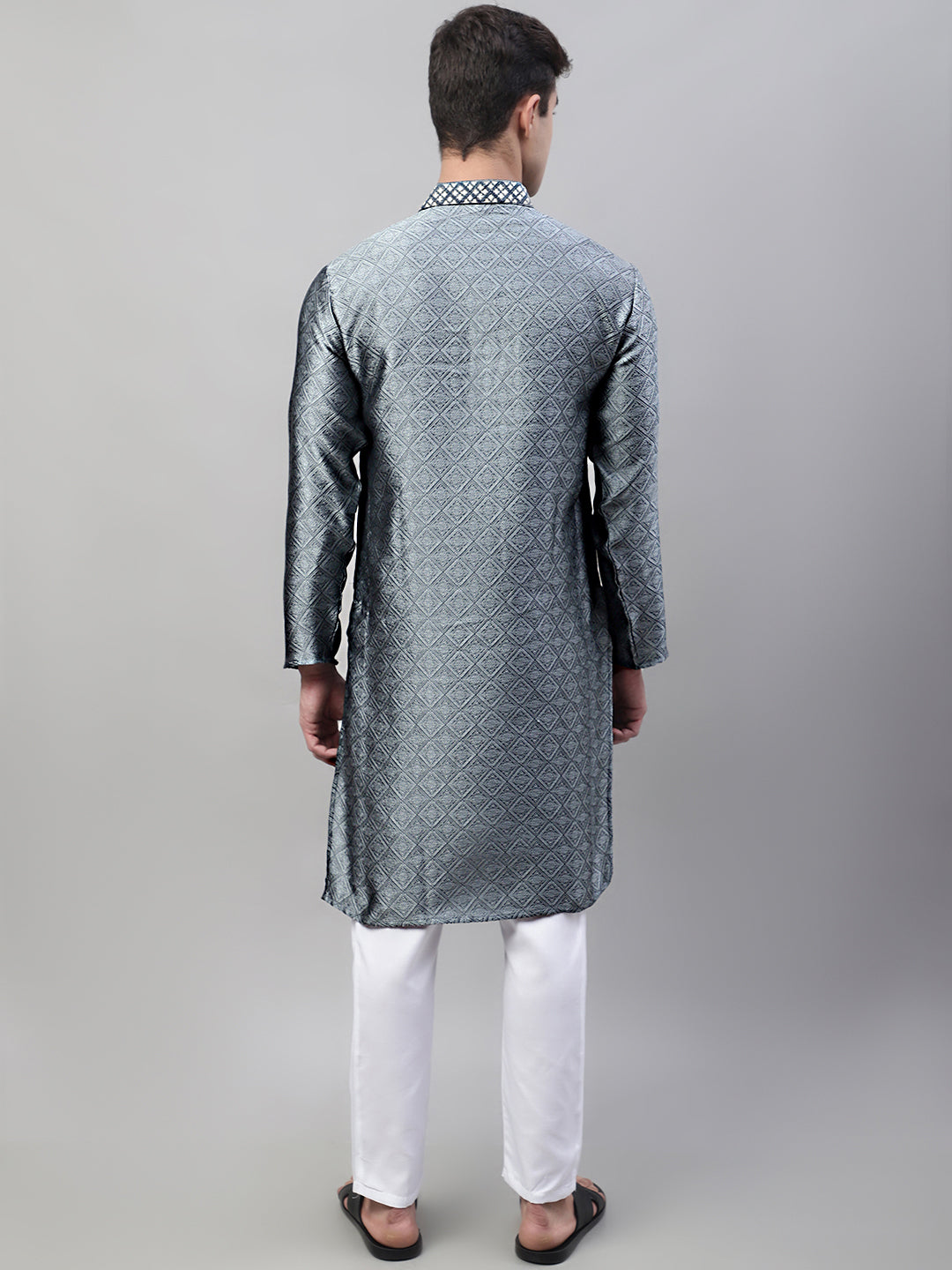 Jompers Men's Grey Collar Embroidered Silk Jacquard Kurta Pyjama - Distacart