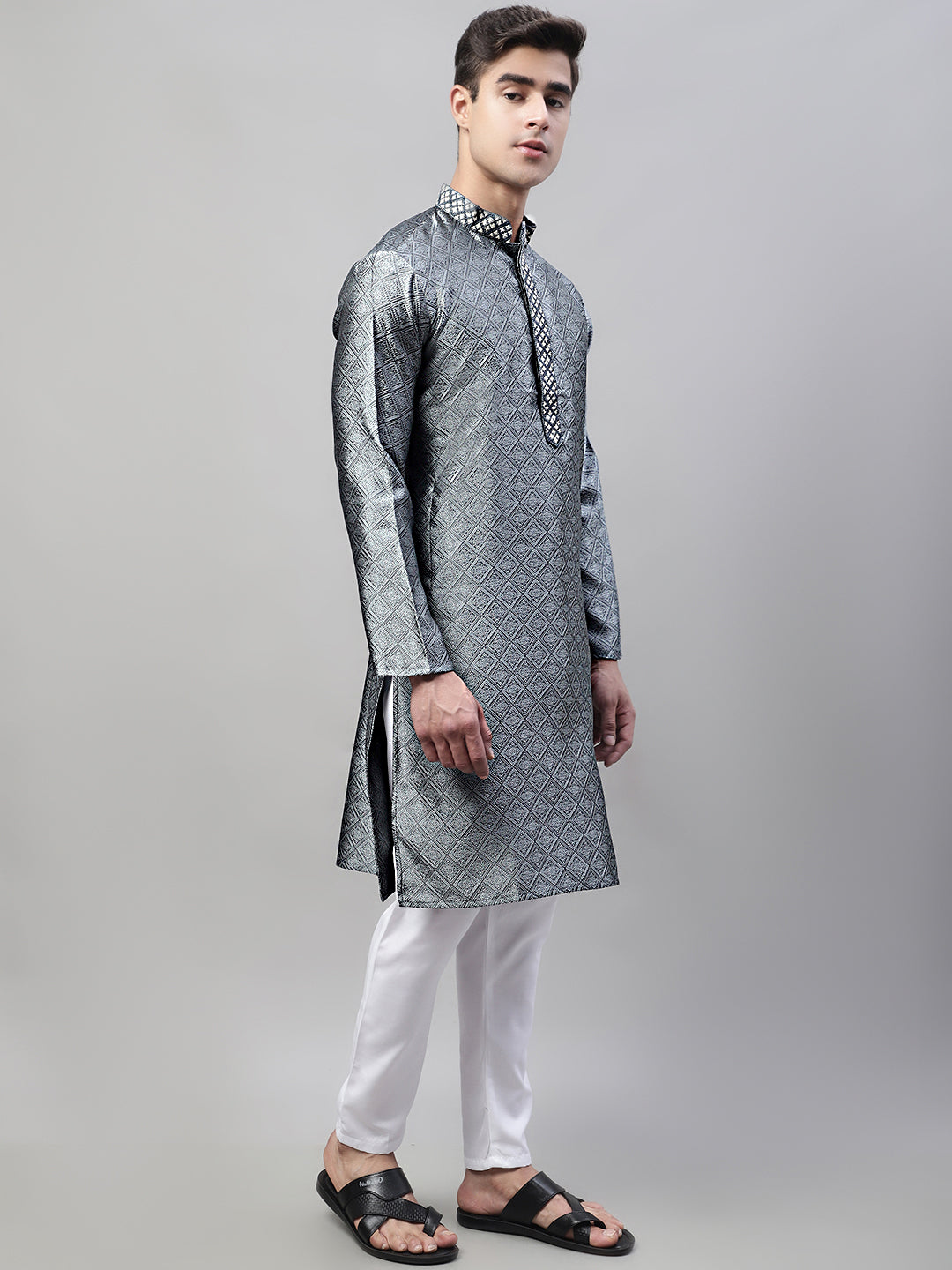 Jompers Men's Grey Collar Embroidered Silk Jacquard Kurta Pyjama - Distacart