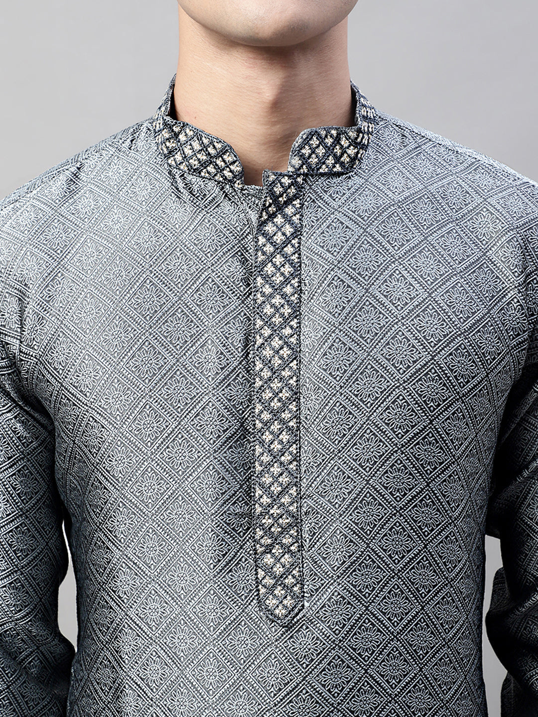 Jompers Men's Grey Collar Embroidered Silk Jacquard Kurta Pyjama - Distacart