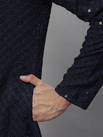 Thumbnail for Jompers Men's Navy Blue Chikankari Embroidered and Sequence Kurta with Pyjama - Distacart