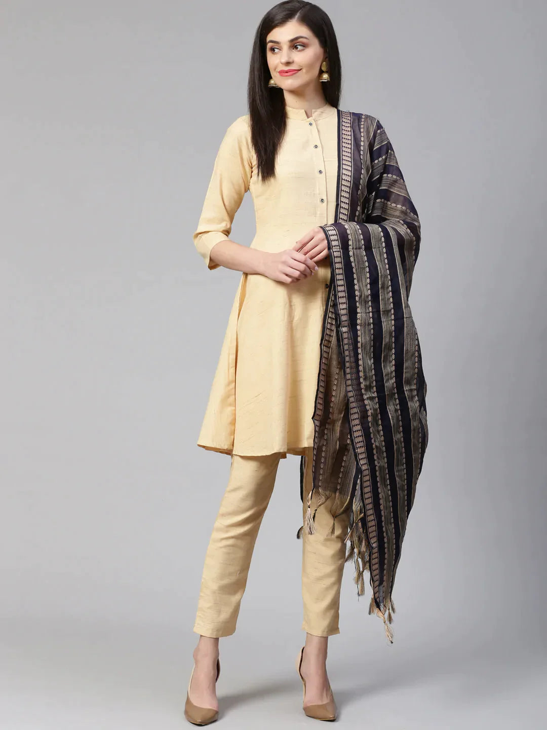 Women Beige Solid Kurta With Trousers & Dupatta - Rasiya