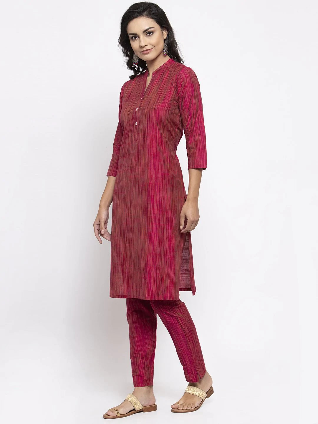 Women Pink Self-Striped Kurta With Trousers - Rasiya