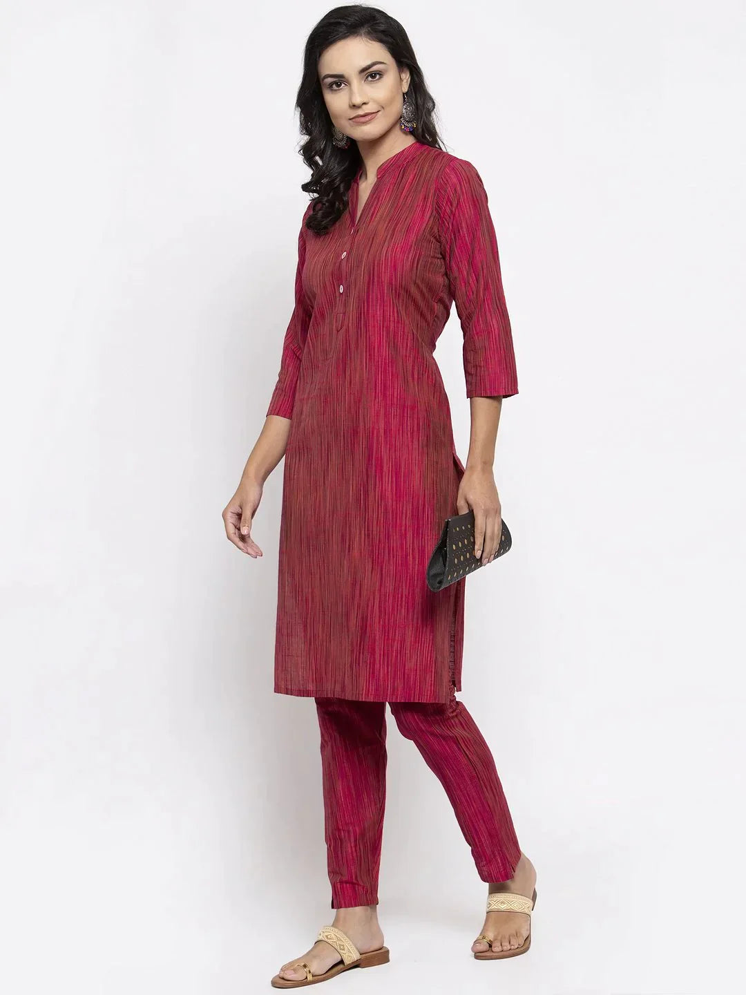 Women Pink Self-Striped Kurta With Trousers - Rasiya