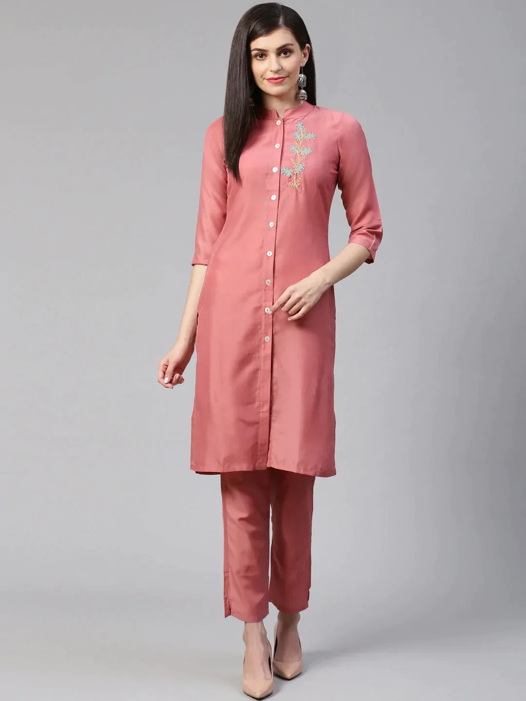 Women Pink Embroidered Solid Kurta With Trousers - Rasiya
