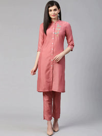 Thumbnail for Women Pink Embroidered Solid Kurta With Trousers - Rasiya