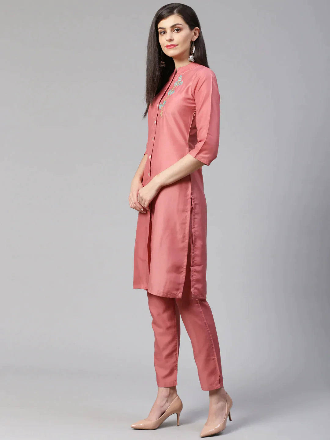 Women Pink Embroidered Solid Kurta With Trousers - Rasiya