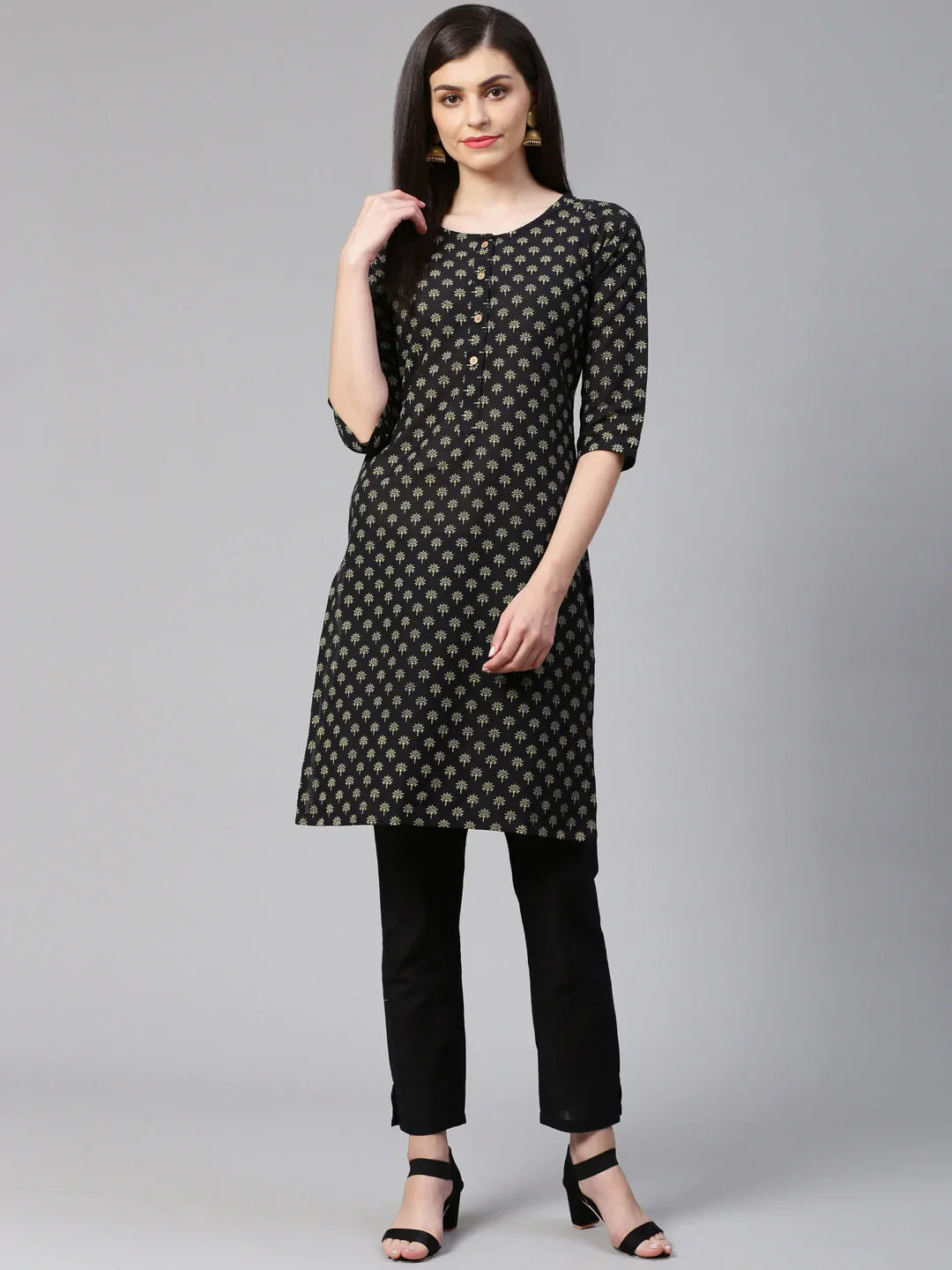 Women Black And Beige Printed Kurta With Trousers - Rasiya
