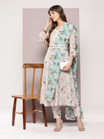 Thumbnail for Jompers Women's Sequin Work Belt, flared Kurta with trousers and dupatta - Lime - Distacart