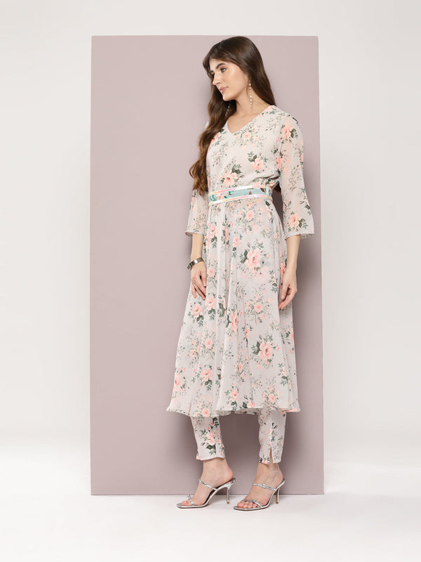 Jompers Women's Sequin Work Belt, flared Kurta with trousers and dupatta - Lime - Distacart