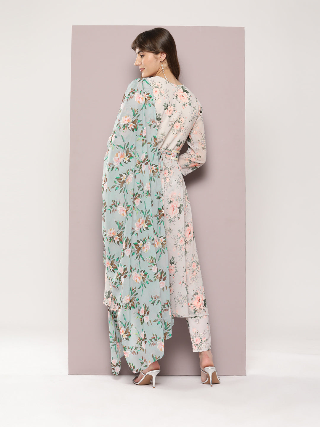 Jompers Women's Sequin Work Belt, flared Kurta with trousers and dupatta - Lime - Distacart