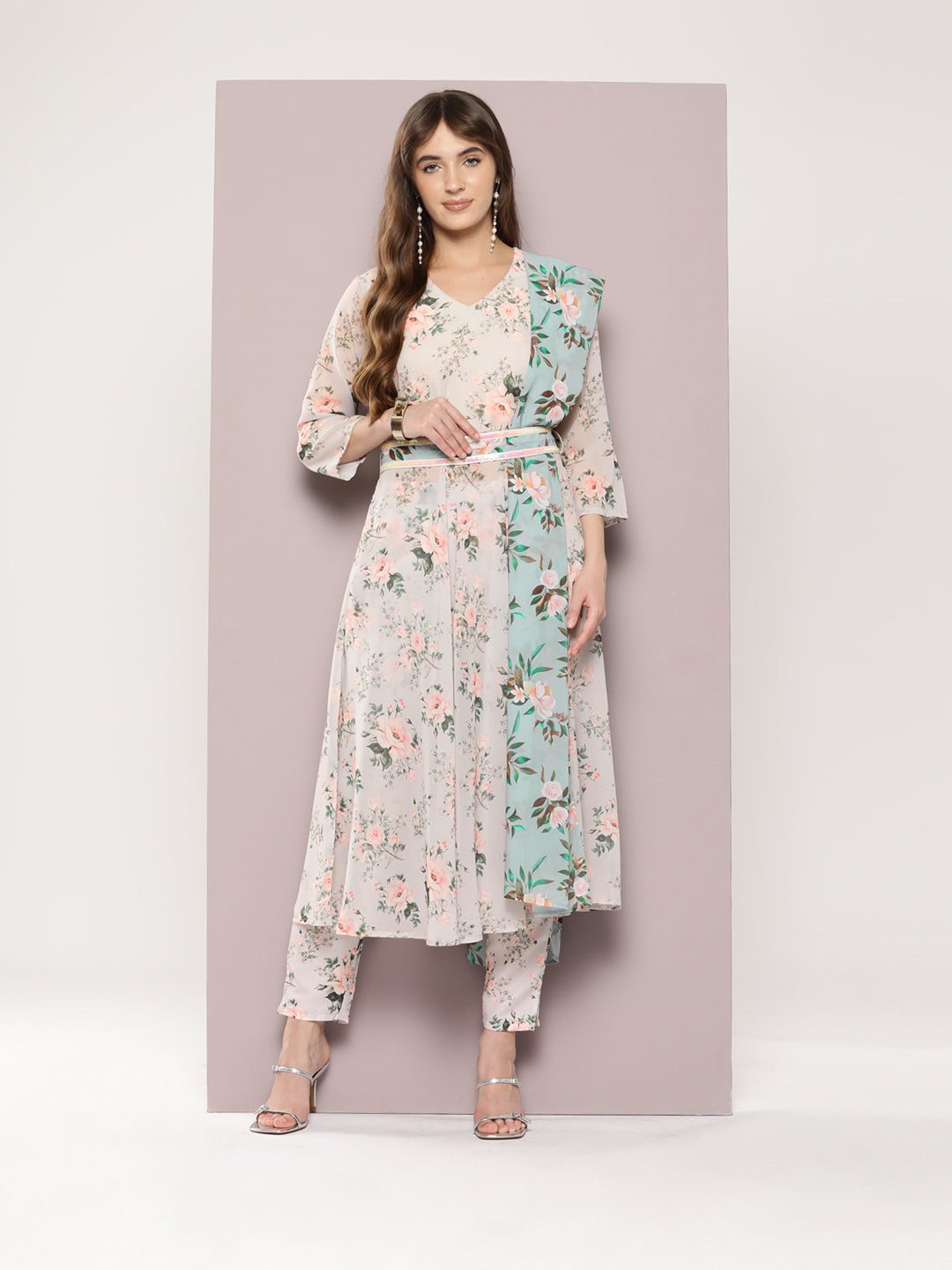 Jompers Women's Sequin Work Belt, flared Kurta with trousers and dupatta - Lime - Distacart