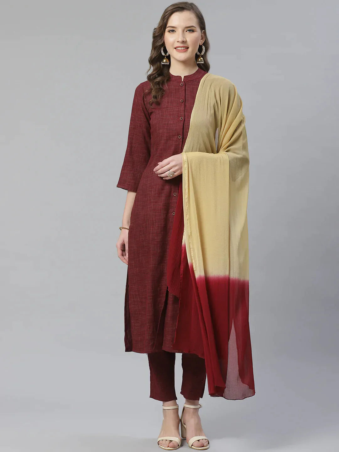 Women Burgundy & Beige Self Checked Kurta With Trousers & Dupatta - Rasiya