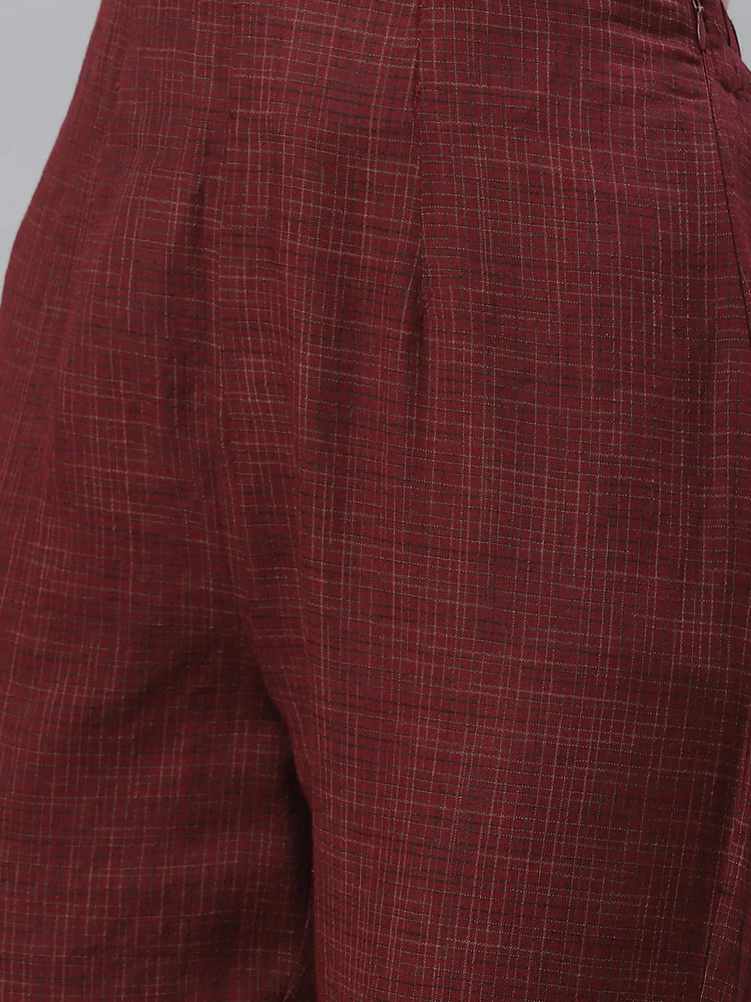 Women Burgundy & Beige Self Checked Kurta With Trousers & Dupatta - Rasiya