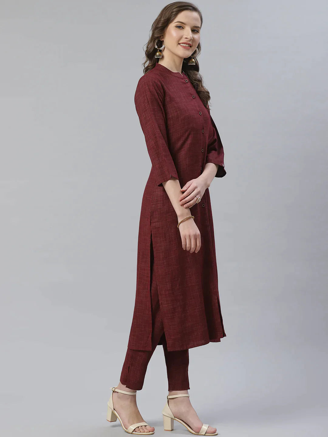 Women Burgundy & Beige Self Checked Kurta With Trousers & Dupatta - Rasiya
