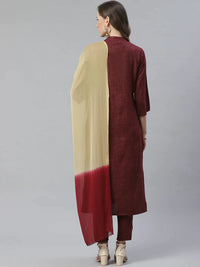 Thumbnail for Women Burgundy & Beige Self Checked Kurta With Trousers & Dupatta - Rasiya
