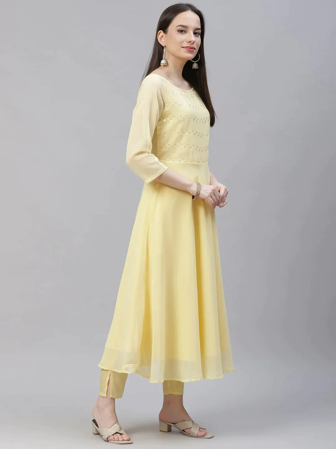 Women Yellow Embroidered Regular Sequinned Kurta With Trousers & Dupatta - Rasiya