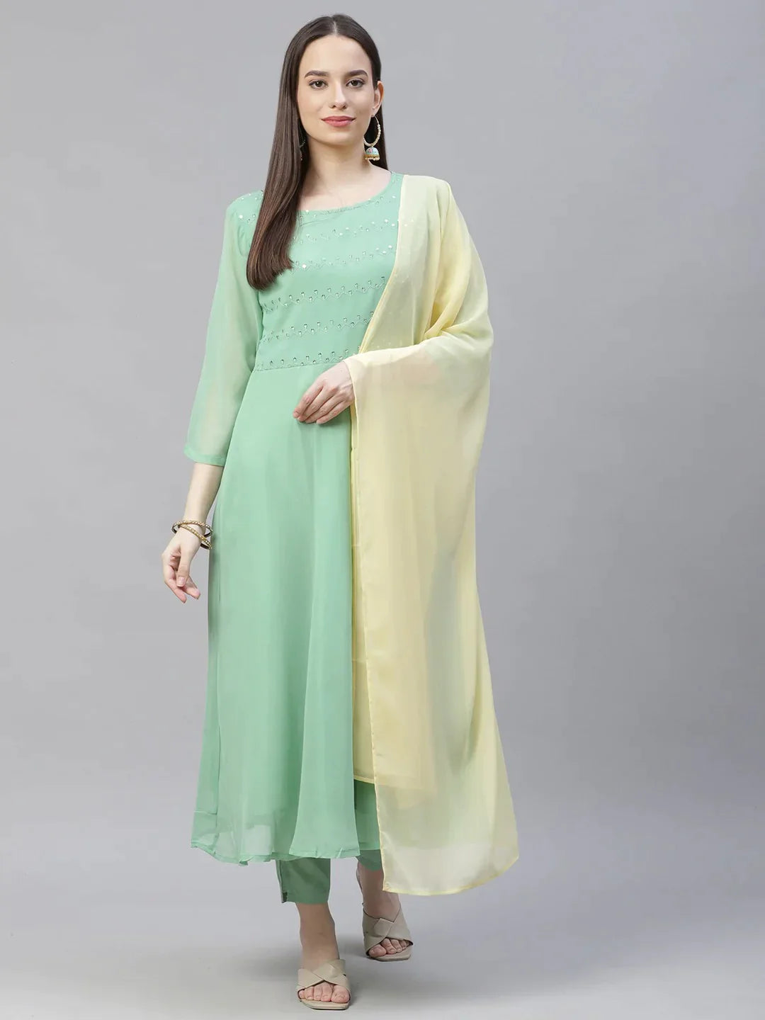 Women Sea Green Embroidered Regular Sequinned Kurta With Trousers & Dupatta - Rasiya