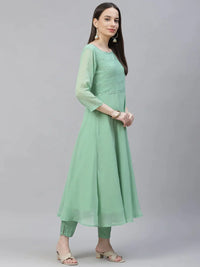 Thumbnail for Women Sea Green Embroidered Regular Sequinned Kurta With Trousers & Dupatta - Rasiya