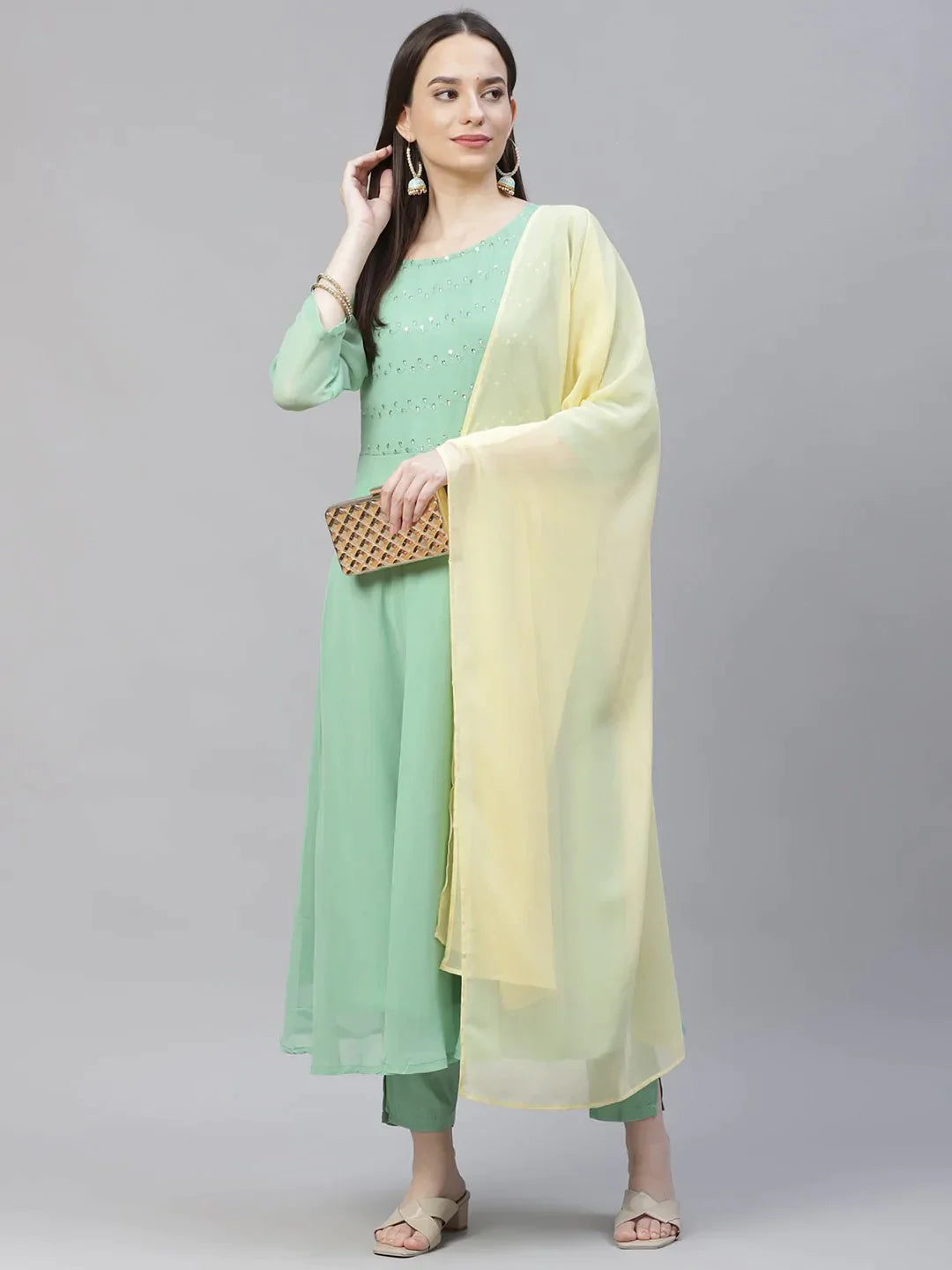 Women Sea Green Embroidered Regular Sequinned Kurta With Trousers & Dupatta - Rasiya