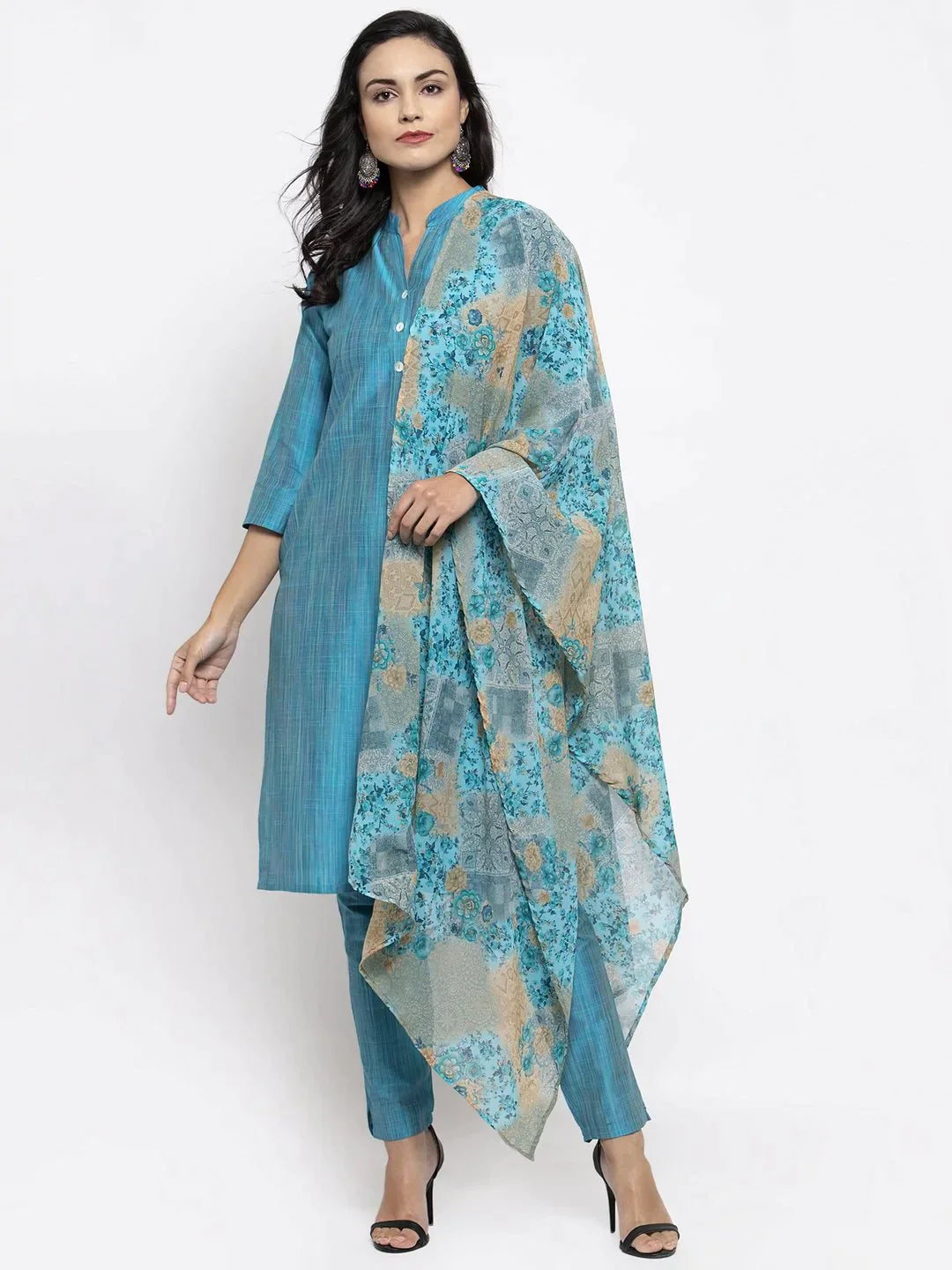 Women Blue & Green Self-Striped Kurta With Trousers & Printed Dupatta - Rasiya