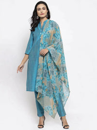 Thumbnail for Women Blue & Green Self-Striped Kurta With Trousers & Printed Dupatta - Rasiya