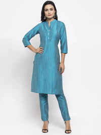 Thumbnail for Women Blue & Green Self-Striped Kurta With Trousers & Printed Dupatta - Rasiya