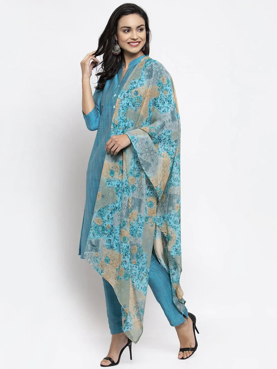 Women Blue & Green Self-Striped Kurta With Trousers & Printed Dupatta - Rasiya