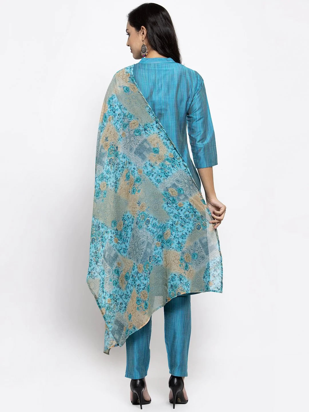 Women Blue & Green Self-Striped Kurta With Trousers & Printed Dupatta - Rasiya