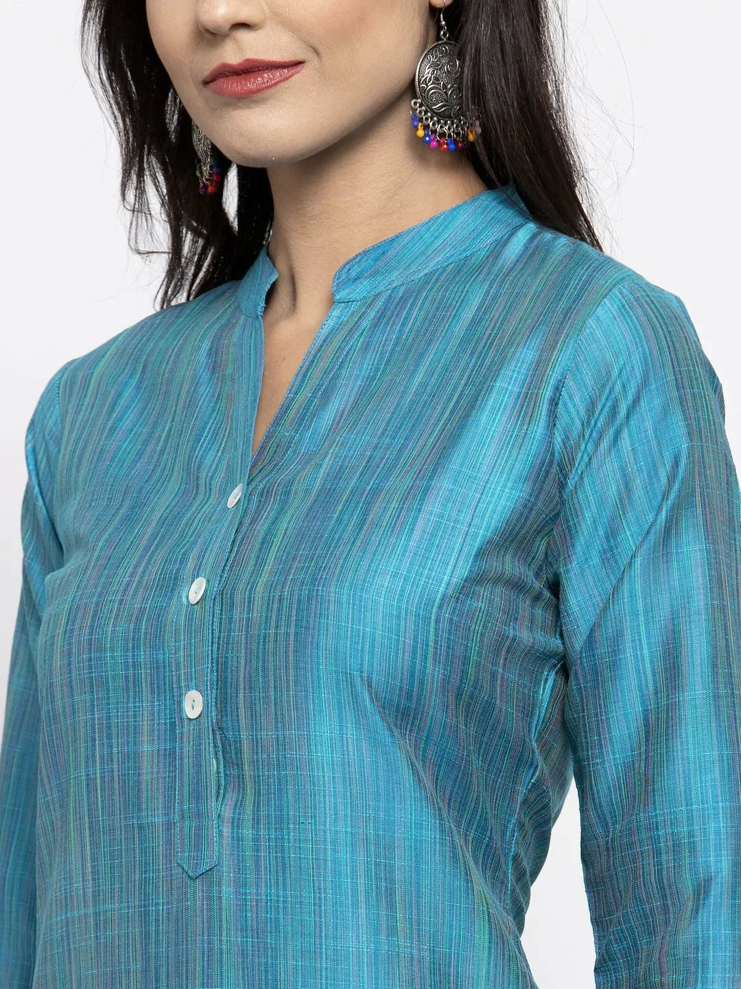 Women Blue & Green Self-Striped Kurta With Trousers & Printed Dupatta - Rasiya
