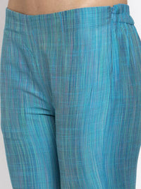 Thumbnail for Women Blue & Green Self-Striped Kurta With Trousers & Printed Dupatta - Rasiya