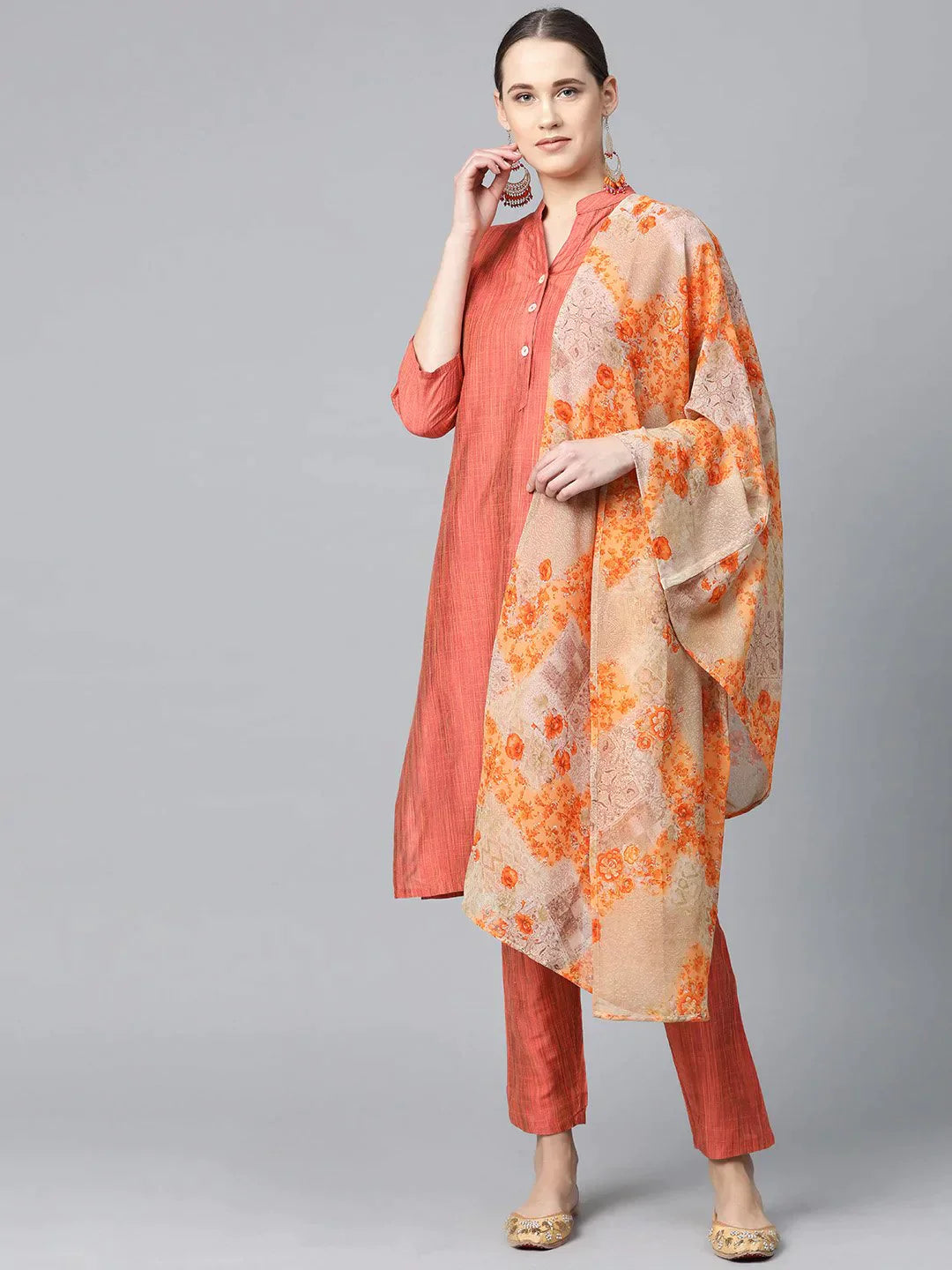 Women Rust Orange & Beige Self-Striped Kurta With Trousers & Dupatta - Rasiya