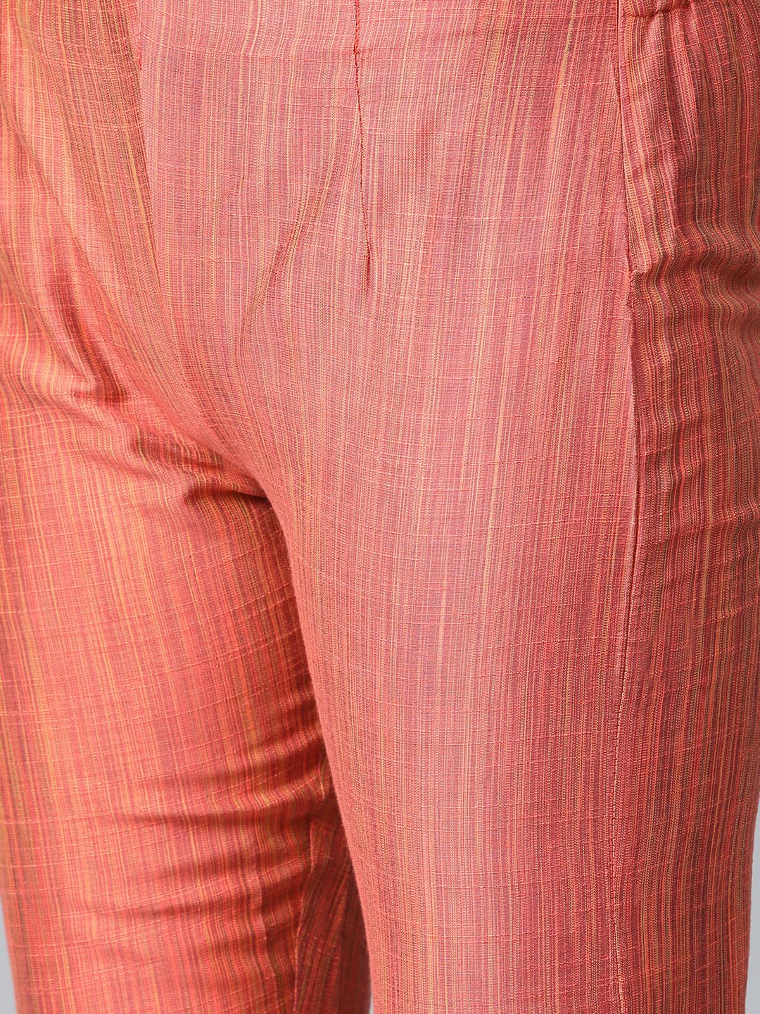 Women Rust Orange & Beige Self-Striped Kurta With Trousers & Dupatta - Rasiya