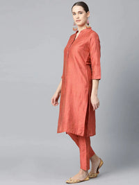 Thumbnail for Women Rust Orange & Beige Self-Striped Kurta With Trousers & Dupatta - Rasiya
