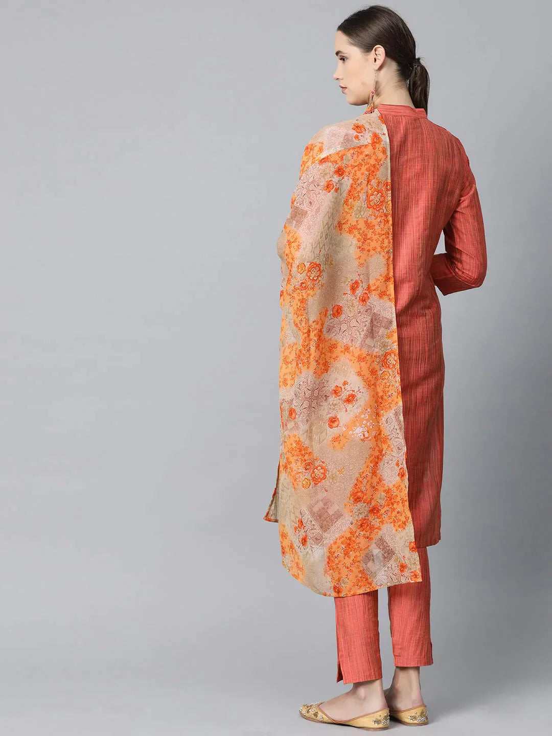 Women Rust Orange & Beige Self-Striped Kurta With Trousers & Dupatta - Rasiya
