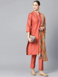 Thumbnail for Women Rust Orange & Beige Self-Striped Kurta With Trousers & Dupatta - Rasiya